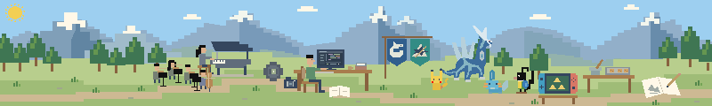 Pixel art of a mountain range spanning a forest landscape, a piano quintet, a vinyl record, books, a camera, a person sitting in his chair working in an IDE at a desk, Canucks and Sharks emblems, Dialga with Pikachu, Mudkip and Chatot, a Nintendo Switch displaying the Zelda Triforce, cookie baking, and sketching.